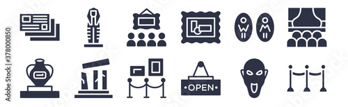 12 pack of black filled icons. glyph icons such as fencing, open, relics, restroom, modern art, exhibition, sarcophagus for web and mobile apps, logo