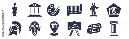 12 pack of black filled icons. glyph icons such as antique column, museum canvas, african mask, statue, paper scroll, palette, antic architecture for web and mobile apps, logo