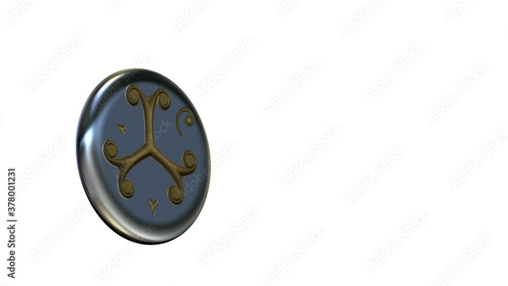Abstract silver coin with patterns revolves around its axis. Abstract silver coin with patterns revolves around its axis.