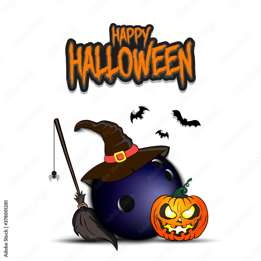 Happy Halloween. Bowling template design. Bowling ball with witch hat ...