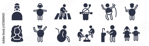 12 pack of black filled icons. glyph icons such as girl and boy, children on teeter totter, carnival masks, worker with harness, seat belt on, crossing street, with safety headphone for web and