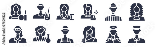 12 pack of black filled icons. glyph icons such as taxi driver, model, scientist, baseball player, florist, mathematician, guitar player for web and mobile apps, logo