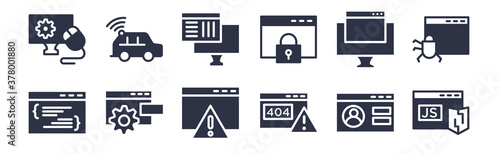 12 pack of black filled icons. glyph icons such as js, error 404, seo, programming, secu network, compiler, smart car for web and mobile apps, logo