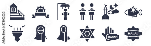 12 pack of black filled icons. glyph icons such as halal, hebrew, hijab veil, isha, islamic friday prayer, islamic ghusl, islamic halal for web and mobile apps, logo