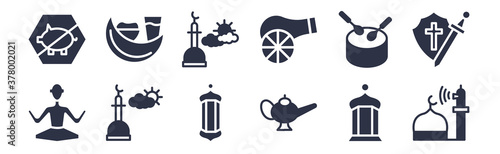 12 pack of black filled icons. glyph icons such as adhan call, arabian magic lamp, assr, eyd drum, eyd gun, fajr dawn prayer, fasting for web and mobile apps, logo