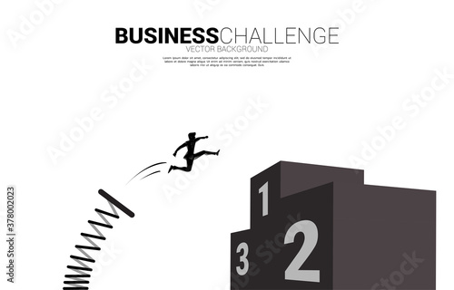 Silhouette of businessman jump to top of champion podium with springboard. Concept of boost and move forward in business.