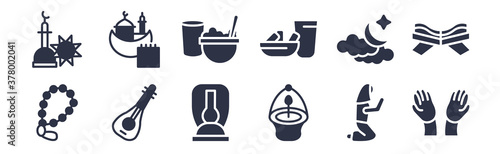 12 pack of black filled icons. glyph icons such as muslim praying hands, ner tamid, oud, ramadan crescent moon, ramadan fasting, ramadan iftar, month for web and mobile apps, logo