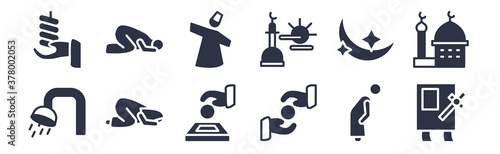 12 pack of black filled icons. glyph icons such as raya rosary, sadaqah, salah, star and crescent moon, subah prayer, sufi mystic, sujud posture for web and mobile apps, logo
