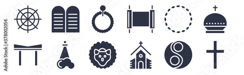 12 pack of black filled icons. glyph icons such as christianity, monastery, god, crown of thorns, holy scriptures, bead, commandments for web and mobile apps, logo photo
