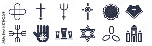 12 pack of black filled icons. glyph icons such as vatican, judaism, jainism, bahai, catholicism, shiva, aaronic order church for web and mobile apps, logo