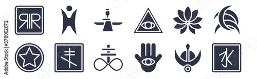 12 pack of black filled icons. glyph icons such as confucianism, semitic neopaganism, orthodox, ayyavazhi, caodaism, faravahar, humanism for web and mobile apps, logo