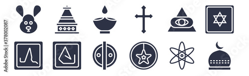 12 pack of black filled icons. glyph icons such as abrahamic, anglican, asceticism, cao dai, christian, diwali, doi suthep for web and mobile apps, logo
