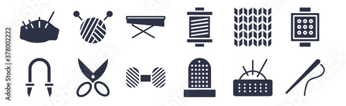 12 pack of black filled icons. glyph icons such as needles, sewing thimble, cutting tool, knit, spool, ironing board, knitting neddles for web and mobile apps, logo