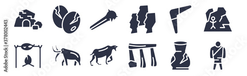 12 pack of black filled icons. glyph icons such as troglodyte, dolmen, mammoth, boomerang, moai, cudgel, dinosaur egg for web and mobile apps, logo