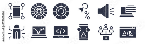 12 pack of black filled icons. glyph icons such as null, attributes, bounce rate, call to action, click through rate, color value, colory theory for web and mobile apps, logo