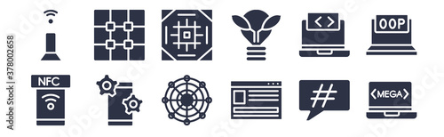 12 pack of black filled icons. glyph icons such as meta elements, mood board, native apps, opening tag and closing tags, organic, pixels per inch, raster images for web and mobile apps, logo