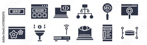 12 pack of black filled icons. glyph icons such as relational database management system, retina display, sales funnel, search engine optimization, selector, self-closing tag, semantic elements for