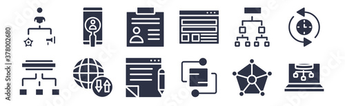 12 pack of black filled icons. glyph icons such as sitemaps, structural elements, internet traffic, user flow, user interface, user persona, research for web and mobile apps, logo