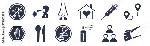12 pack of black filled icons. glyph icons such as face mask, spray, cutlery, syringe, stay home, runny nose, transmission for web and mobile apps, logo