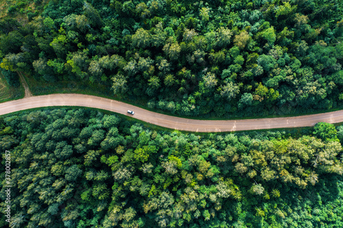 Aerial view of the dirt road passing through the forest