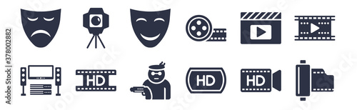 12 pack of black filled icons. glyph icons such as camera roll, hd, hd movie, movie player, movie reel, smile mask, cinema light source for web and mobile apps, logo
