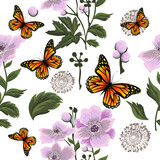 A seamless background with beautiful pink flowers and with butterflies. Vector illustration