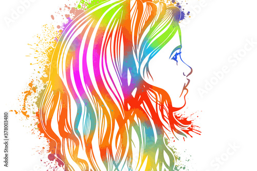 silhouette of a girl in profile. The face of a beautiful girl. Colorful lines and spots. Mixed media. Vector illustration