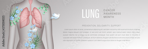 Lung cancer awareness month vector banner. Woman silhouette in paper layered style with shadow 