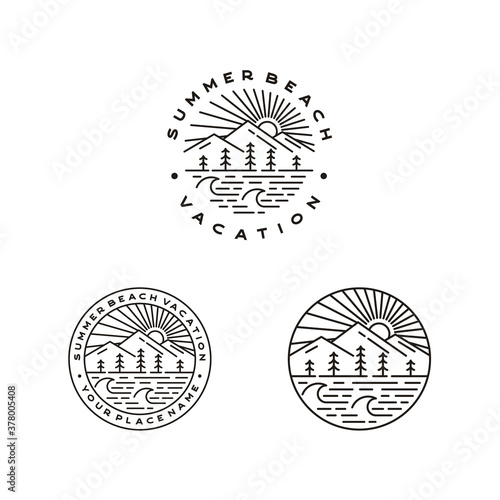 Mountain  Sea  Waves  pine tree and Sun for Hipster Adventure Travel logo design set