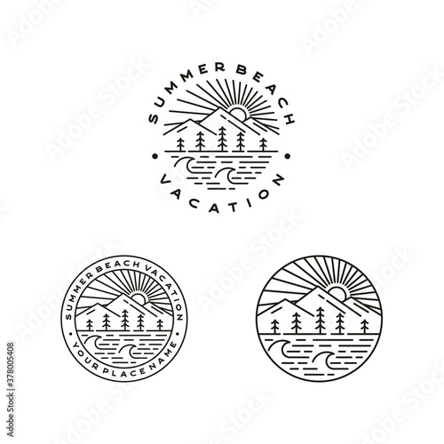 Mountain, Sea, Waves, pine tree and Sun for Hipster Adventure Travel logo design set