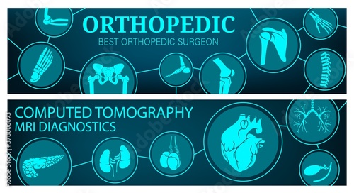 MRI or CT medicine. Vector magnetic resonance imaging medical diagnostic. Computed tomography, CT and MRI analysis, diagnostics of organs or joints, digestive, respiratory or urogenital system banners