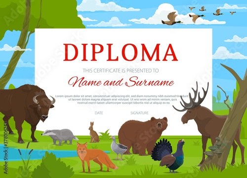 Diploma certificate and school education award, vector template. Preschool, kids and kindergarten award or training courses graduation diploma certificate with wild forest animals and birds, hunting