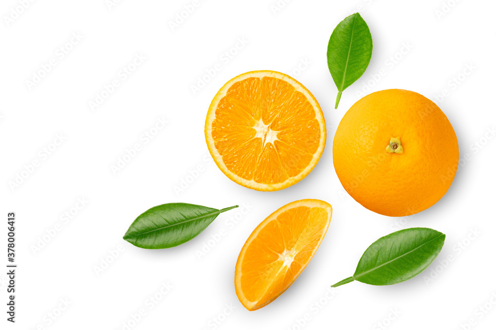 Fresh orange fruit with sliced and leaves isolated on white background. Fresh orange fruit with sliced and leaves isolated on white background.