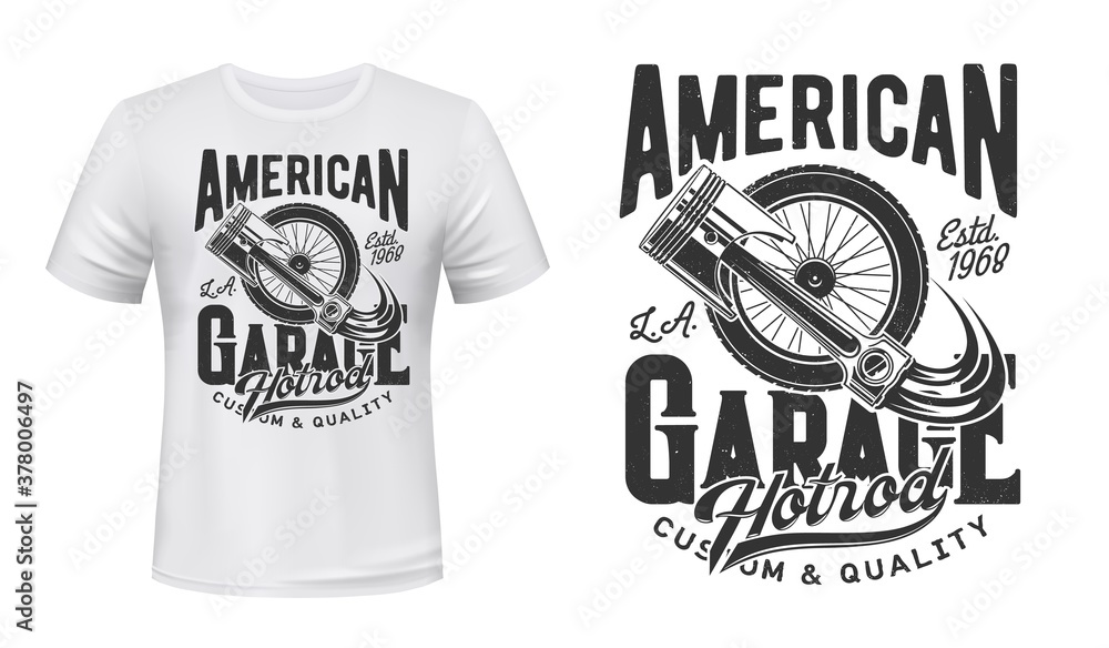 Retro car wheel and engine piston t-shirt vector print. Old vehicle spoked or suspension wheel, car spare part illustration and typography. American hot rod garage station clothing print design mockup Retro car wheel and engine piston t-shirt vector print. Old vehicle spoked or suspension wheel, car spare part illustration and typography. American hot rod garage station clothing print design mockup