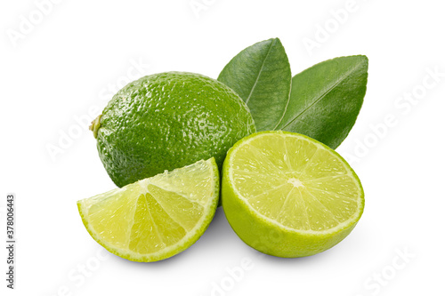 Fresh lime with sliced and leaves isolated on white background.