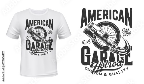 Retro car wheel and engine piston t-shirt vector print. Old vehicle spoked or suspension wheel, car spare part illustration and typography. American hot rod garage station clothing print design mockup