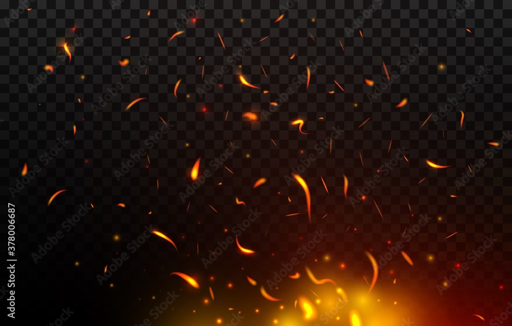 Bonfire sparks flying up, vector fire, burning glowing red and orange particles. Realistic 3d flame of fire with sparks flying in air. Firestorm, balefire isolated on black transparent background