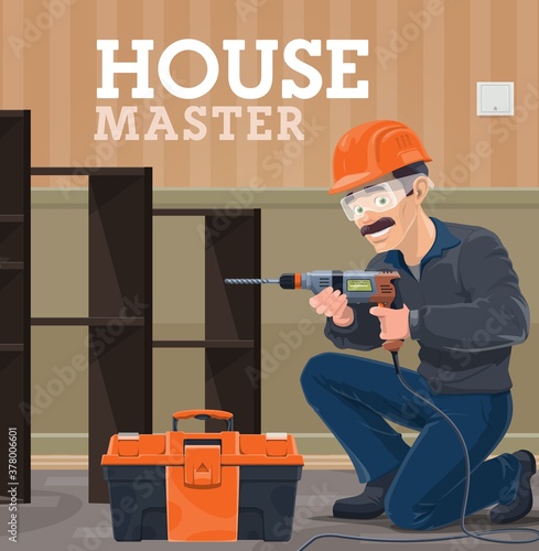 House master using electric drill, construction worker in safety helmet and goggles installing furniture in apartment. House renovation service handyman with toolbox using power tools vector