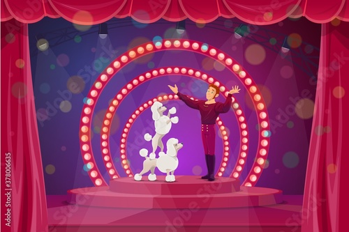 Circus stage with big top tent performers tamer and trained dogs. Vector trainer artist character performing tricks with poodles on scene with red backstage and spotlights. Cartoon circus performance