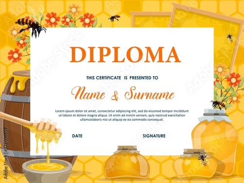 School diploma, certificate vector template with honey, bees and honeycombs. Cartoon education school or kindergarten frame with flowers, honey dipper and wooden barrel with glass jars, kids diploma
