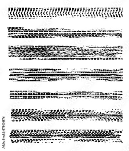 Tire prints, car tyres track isolated grunge vector marks. Automobile or motorbike race, vehicle, transportation dirty wheels trace. Abstract monochrome pattern, graphic grungy texture elements set
