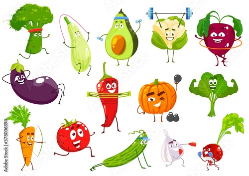 Vegetables sportsmen, vector broccoli, squash and avocado, cauliflower and beetroot. Eggplant, chili petter and pumpkin, spinach, carrot and tomato with cucumber, garlic and radish cartoon veggies photo