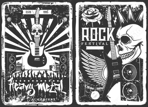 Rock concert, music band party festival, vector grunge vintage poster with skull punk and electric guitar. Hard rock and heavy metal music concert fest, drums and loudspeakers, rose and wings