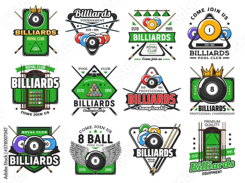 Billiards pool game, snooker sport club icons, vector poolroom championship and tournament. Billiards royal club and pool snooker signs of cues, 8 eight ball with wing, triangle rack and green table
