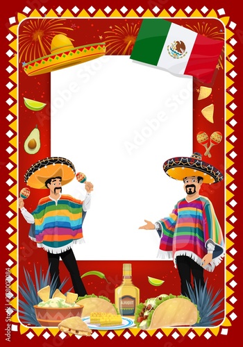 Mexican holiday vector frame with mariachi musicians at Cinco de Mayo festival. Music band cartoon characters in sombrero and poncho playing maracas. Tacos, guacamole or tequila fiesta carnival border