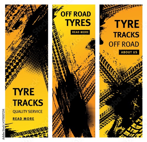 Tire prints, car offroad tyre tracks with grunge vector marks. Bike race, vehicle, transportation, automobile or motorbike off road print quality service banners with dirty wheels trace pattern set