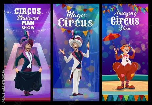 Circus show with clown and illusionist on big top arena. Vector magician and funster performing tricks. Circus magic show with clowns and illusionist, carnival amusement entertainment cartoon banners
