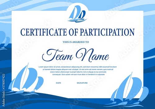 Yacht regatta diploma, award certificate vector template. Sea sailing victory celebration border design with sail boats on ocean waves. Diploma for participation or best result achievement in regatta