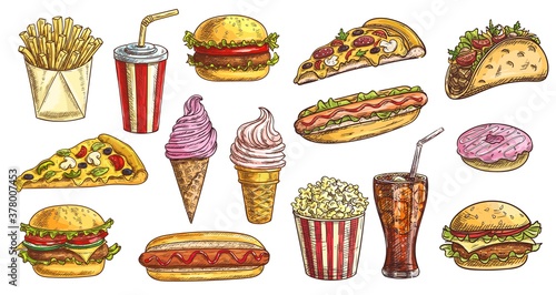 Fotografie, Obraz Sketch fast food meals isolated vector icons ice cream in waffle cone, soda drink with ice cubes and burger with french fries