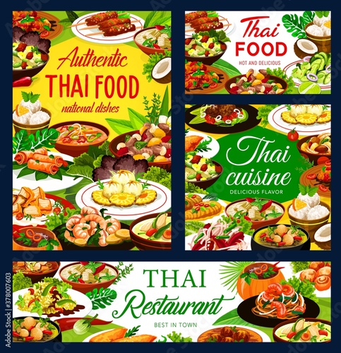 Thailand cuisine restaurant meals banners. Thai food dishes. Spicy curry and soups with chicken and vegetables, rice, noodles and fish meatballs, sweet desserts with pineapple and coconut ice cream